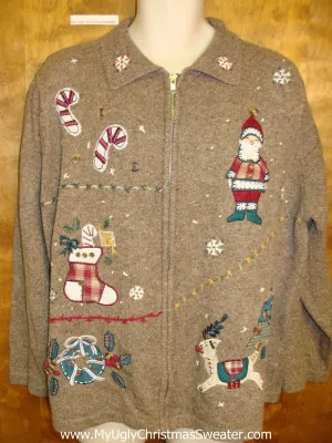 Ugly Brown Christmas Sweater with Santa and Candy Canes