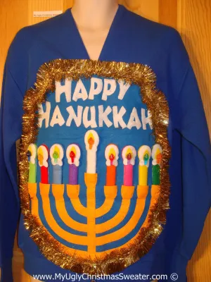 Ugly Christmas Sweater Party Hanukkah Sweater Mens with Menorah (j223)