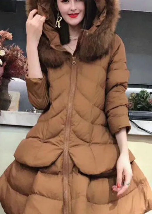 Unique Khaki hooded Pockets Fox collar Winter Duck Down coat