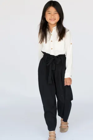 White Button Down Shirt with Black Paper Bag Pants 2 pc. Set