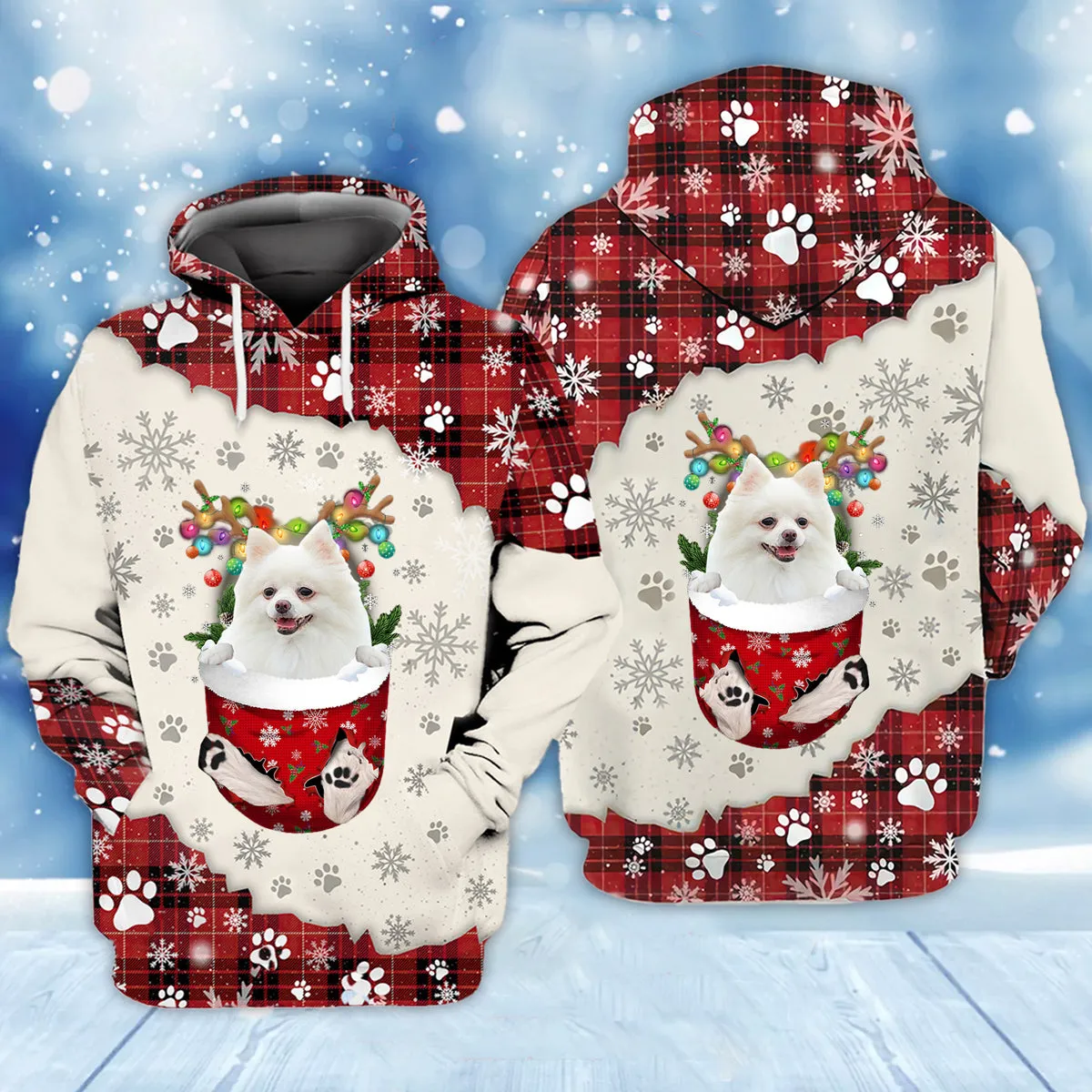 WHITE Pomeranian In Snow Pocket Merry Christmas Unisex Hoodie