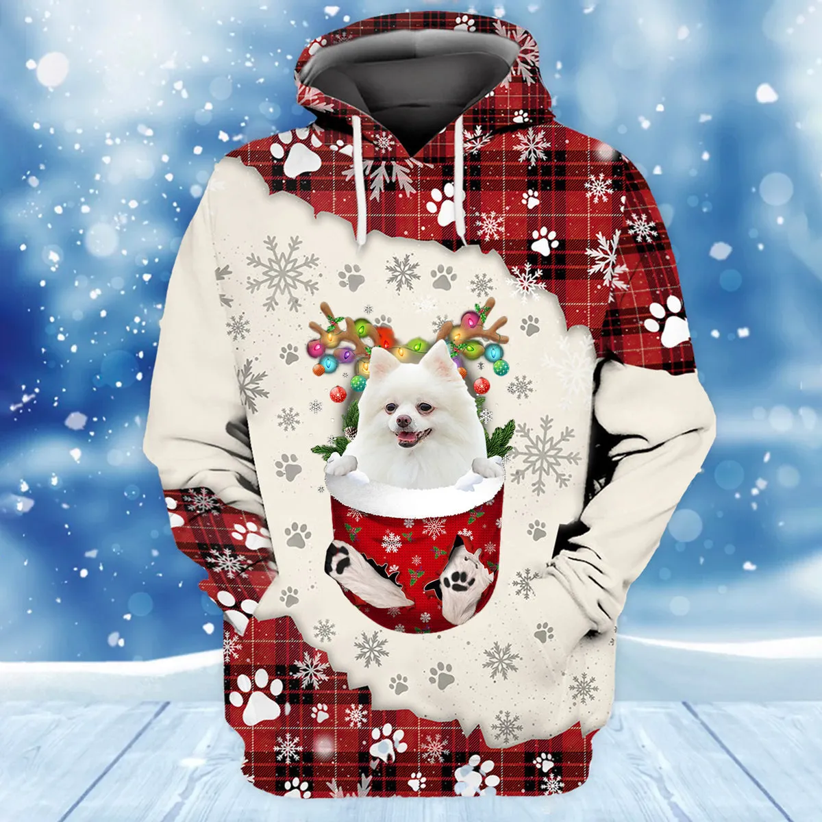 WHITE Pomeranian In Snow Pocket Merry Christmas Unisex Hoodie