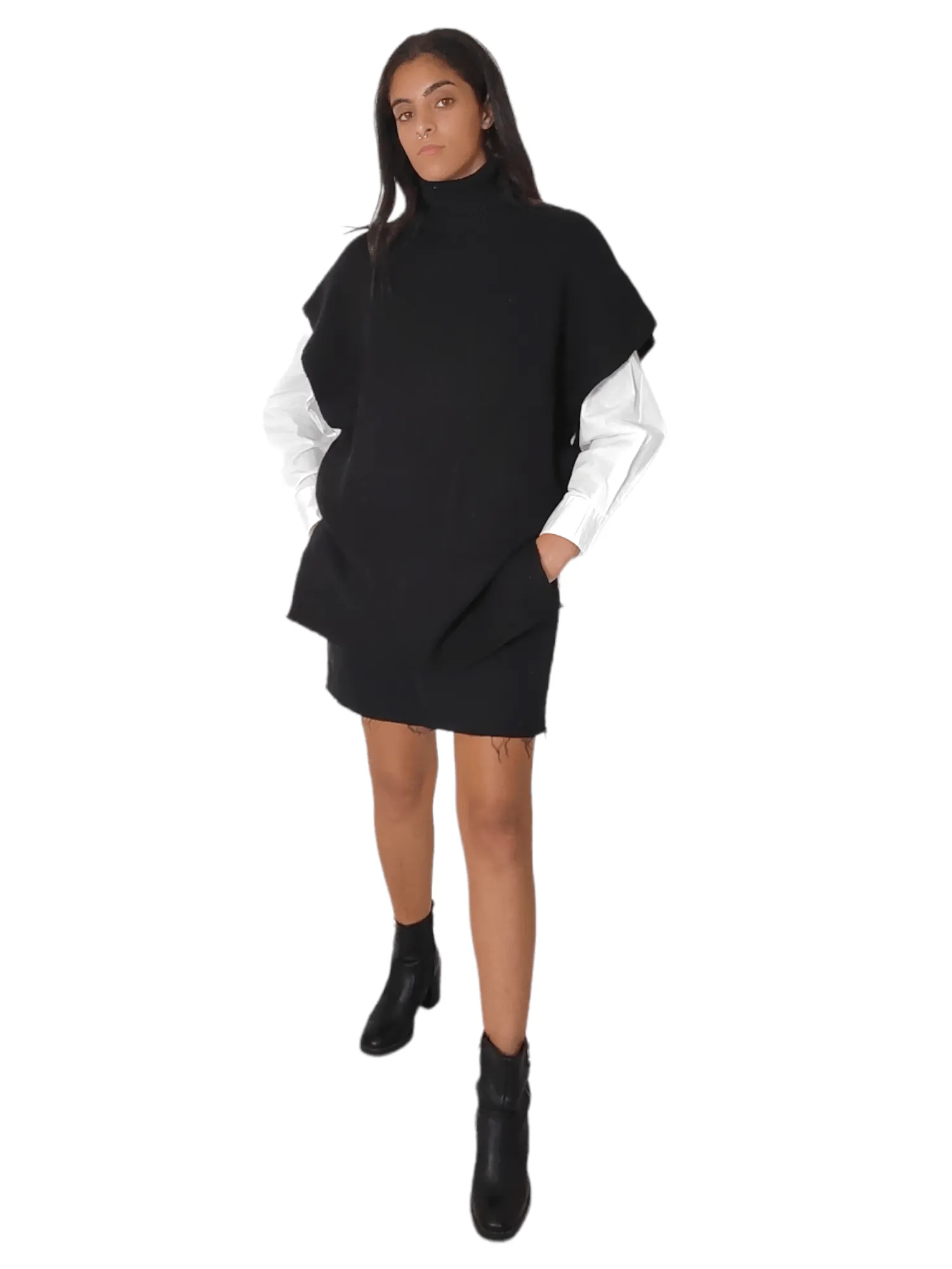 Women "LONG" High Collar Pullover - Black