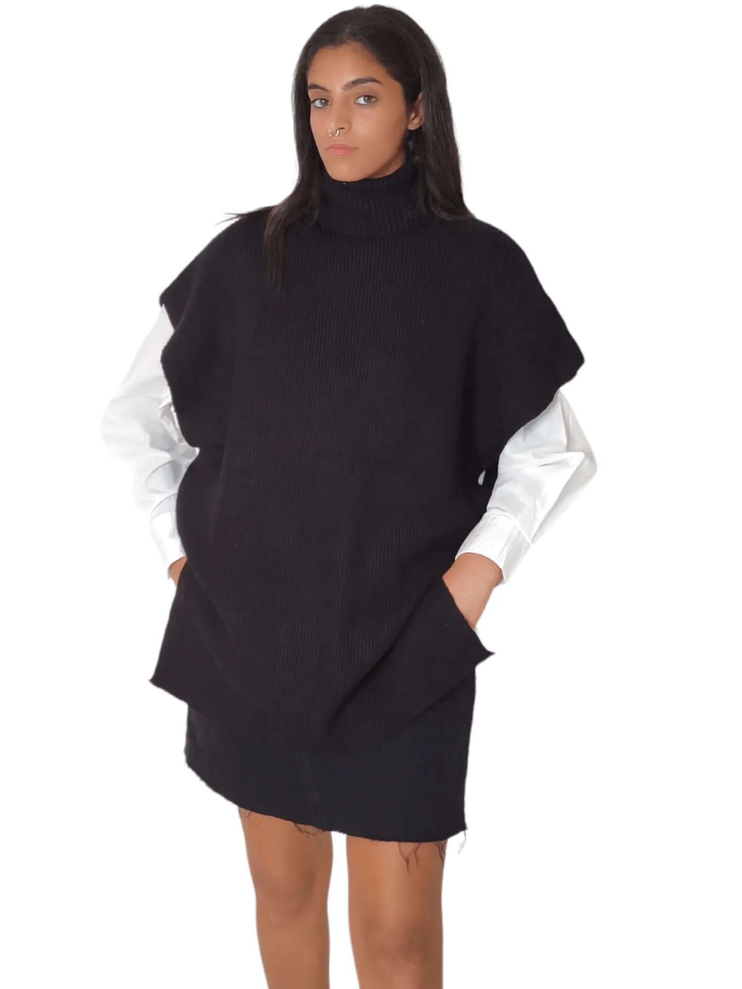 Women "LONG" High Collar Pullover - Black