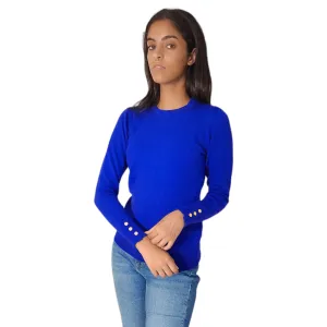 Women Round-Collar Pullover (buttons on sleeve) - Blue