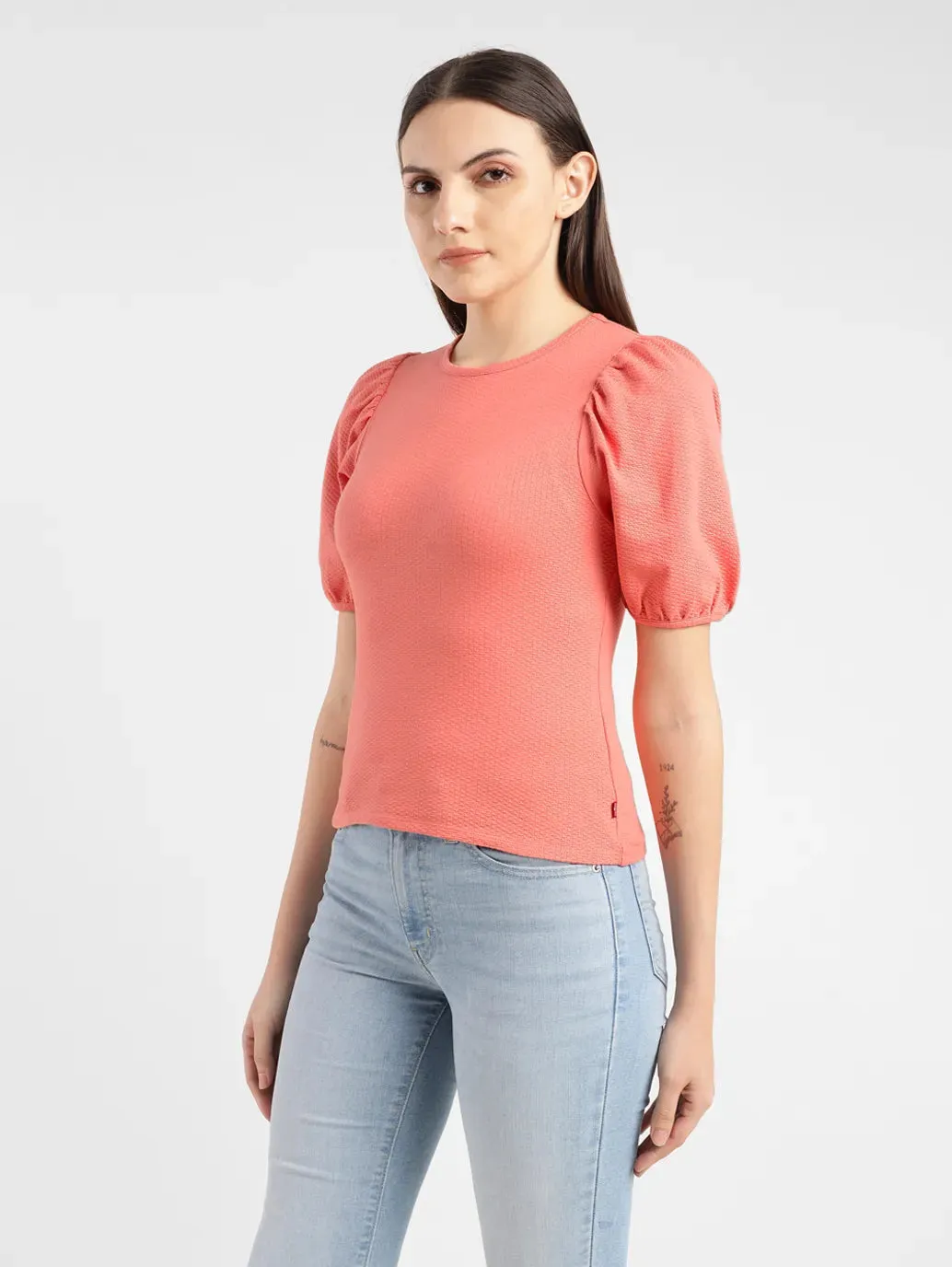 Women's Textured Coral Round Neck Top