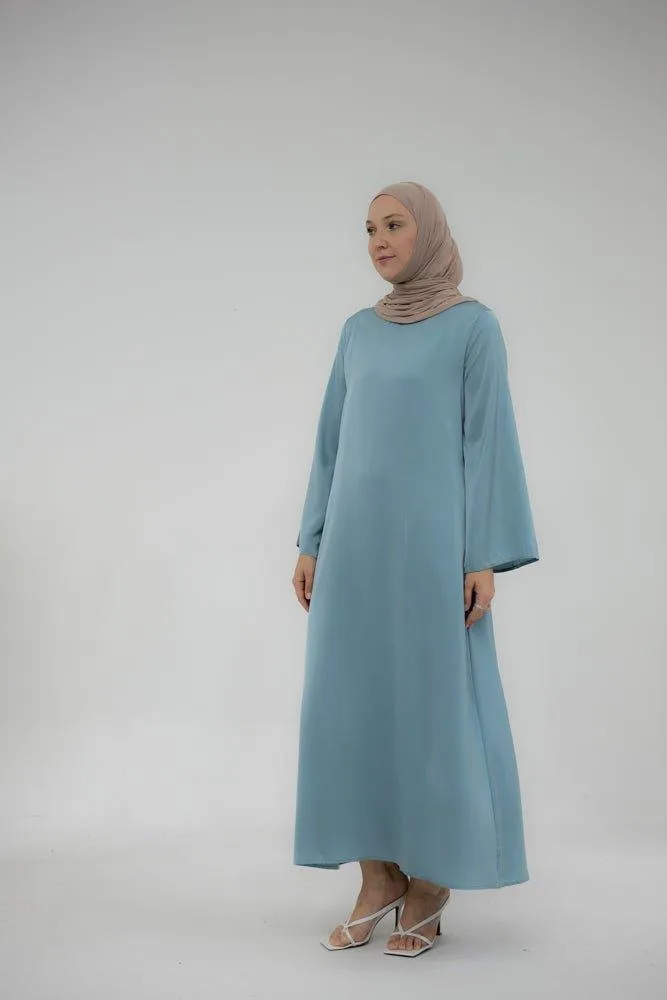 Yasmin Slip dress maxi length with a detachable belt and kimono sleeves in Lake Blue