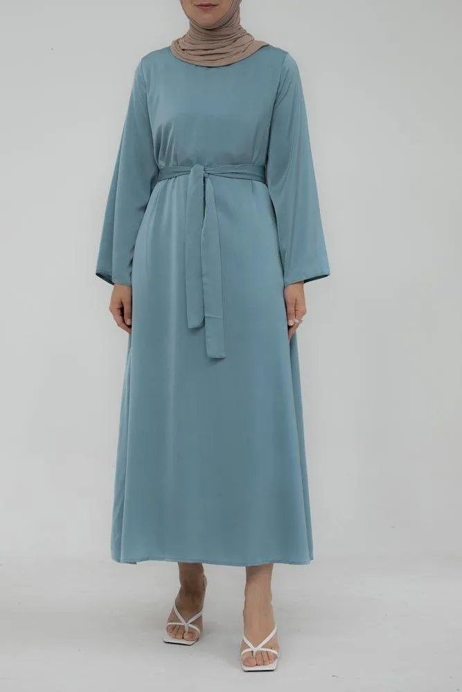 Yasmin Slip dress maxi length with a detachable belt and kimono sleeves in Lake Blue