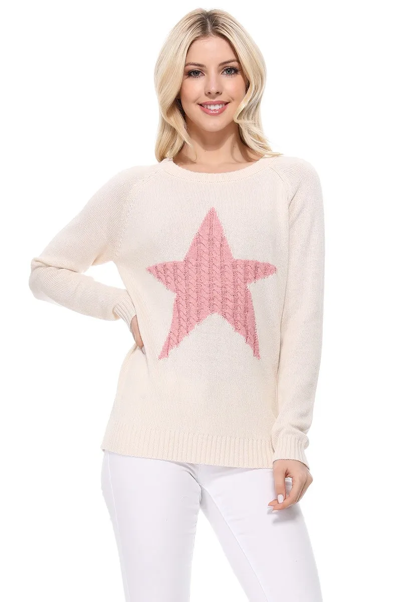 YEMAK Women's Pullover Sweater Long Sleeve Crewneck Cute Star Cable Knit MK3506 STAR (S-L)