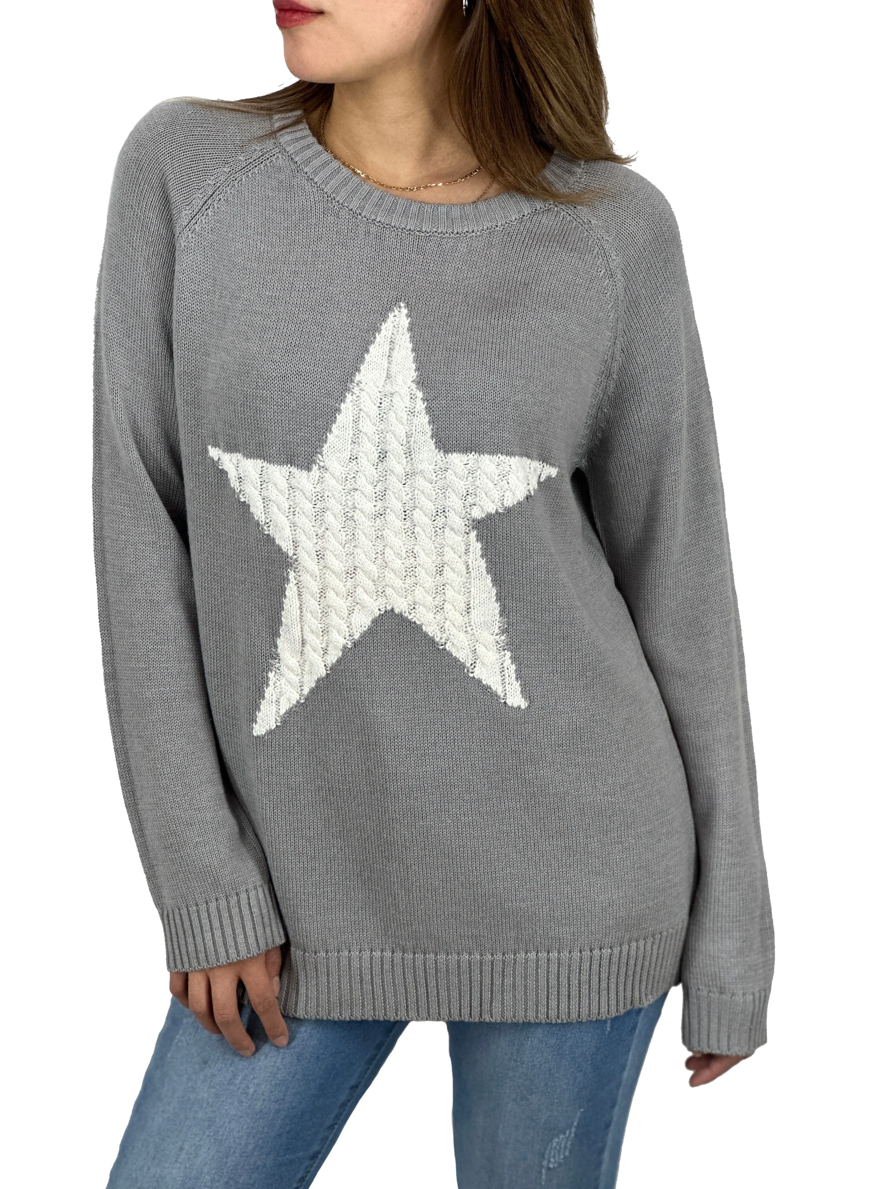 YEMAK Women's Pullover Sweater Long Sleeve Crewneck Cute Star Cable Knit MK3506 STAR (S-L)