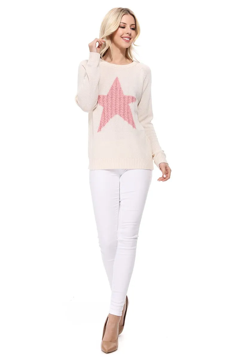 YEMAK Women's Pullover Sweater Long Sleeve Crewneck Cute Star Cable Knit MK3506 STAR (S-L)